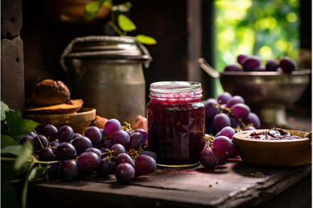 Purple Plum jam jar rustic board, a Food & Drink Photo by Ylivdesign