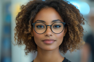 Confident woman with curly hair and, a Photo by Tanuart