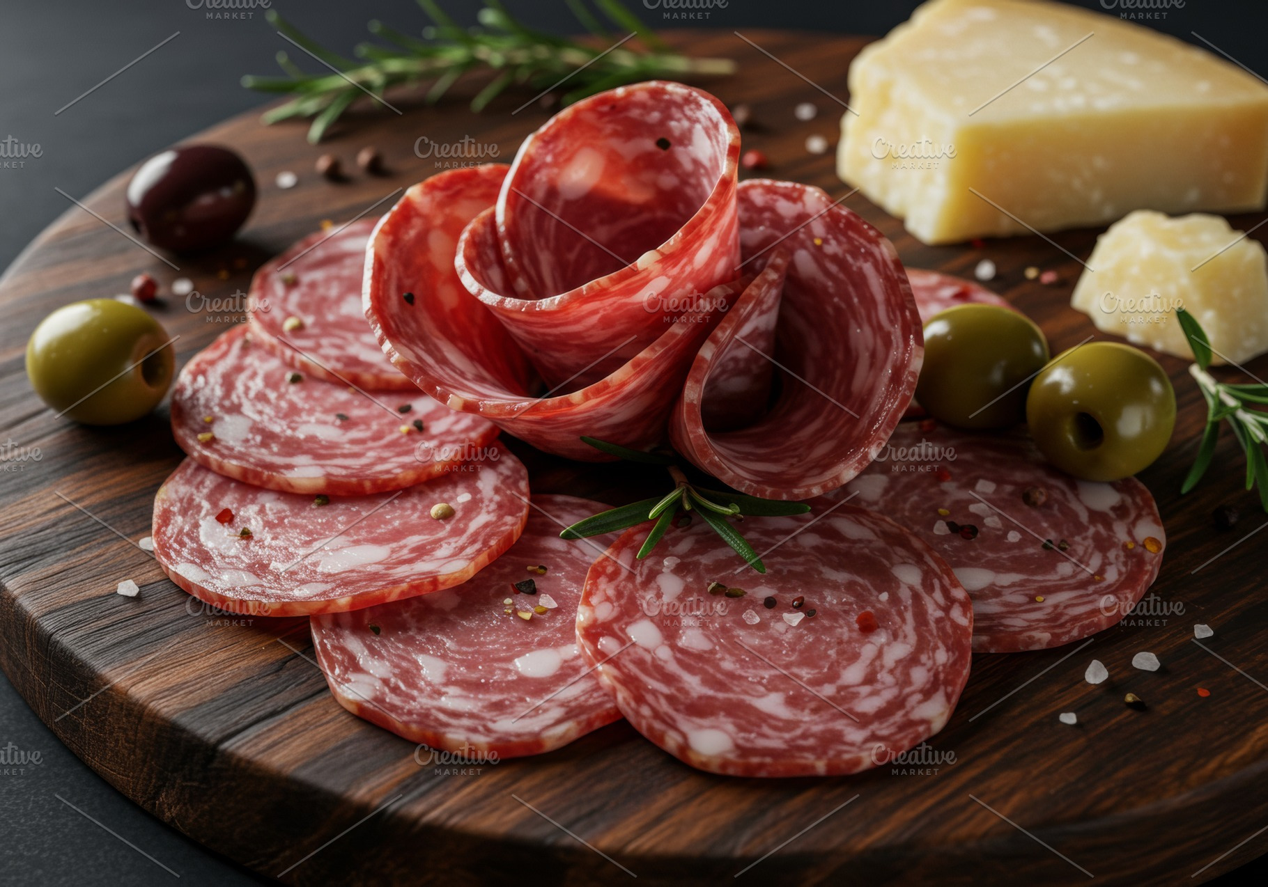 Sliced salami arranged with olives a, a Food & Drink Photo by professorinc