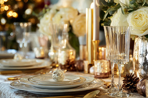 Elegant christmas holiday dinner table setting with white and go, a Photo by Studio ANNA