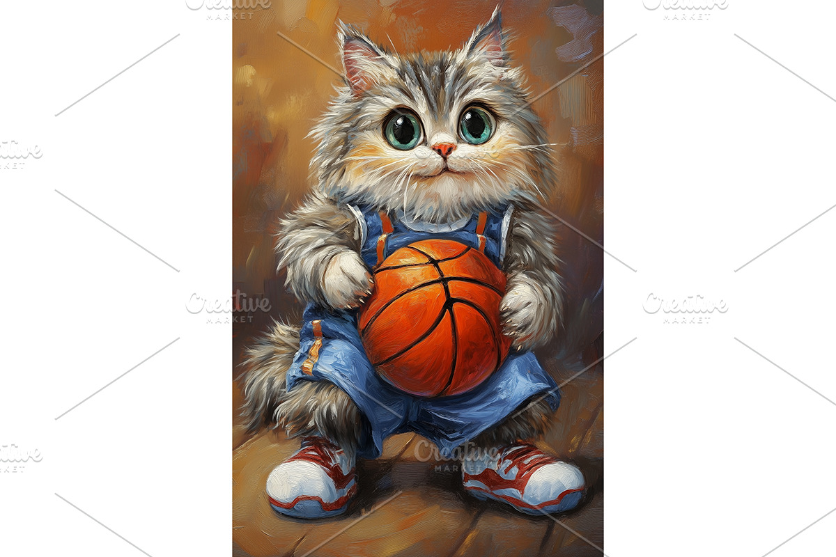 Sporty Siberian Cat Basketball Art, an Animal Illustration by Art Paradise Studios
