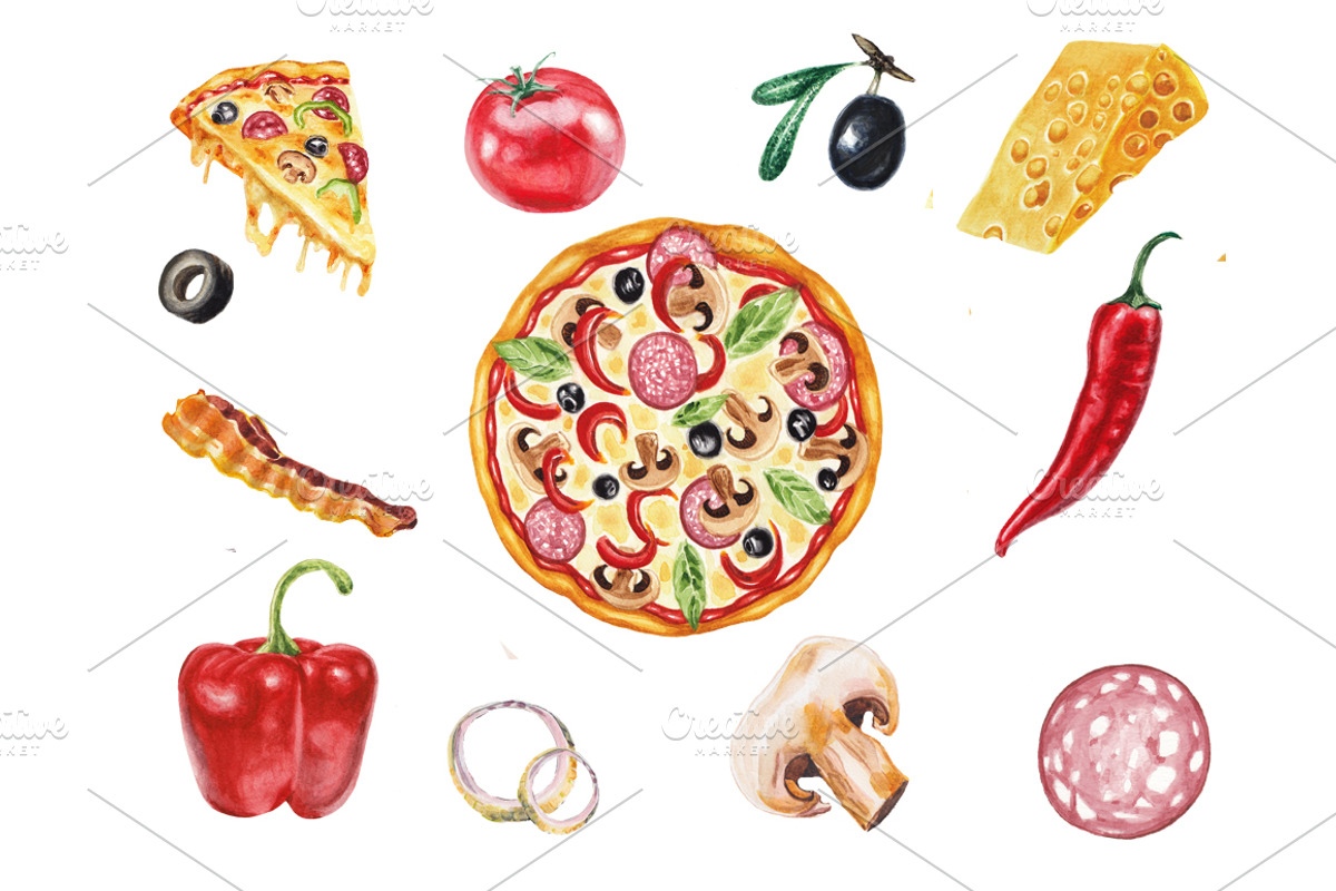 Watercolor pizza collection, a Pattern Graphic by lenavetka87 (Photo 1 of 3)