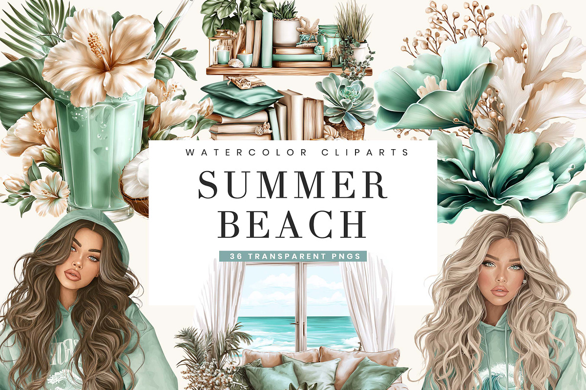 Watercolor Summer Beach Clipart, a Seasonal Illustration by BusyDaydesign (Photo 1 of 9)