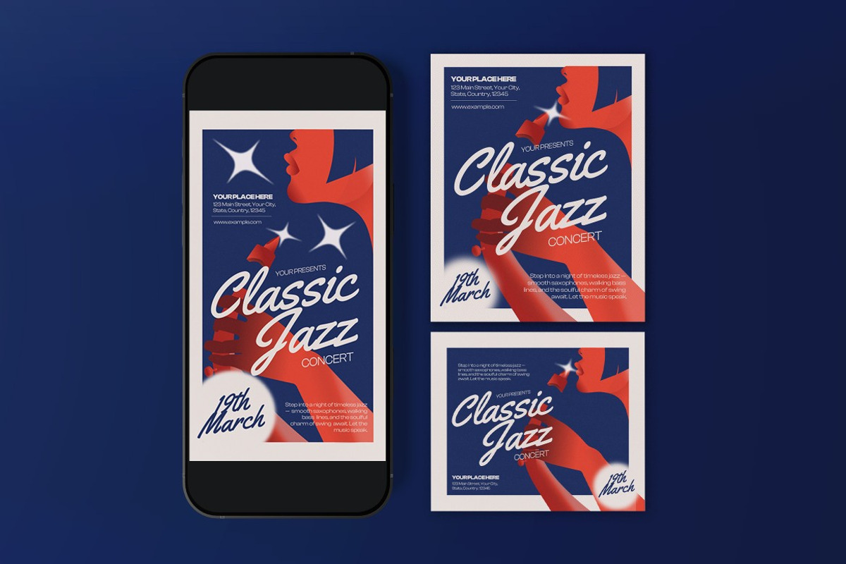 Blue Vintage Jazz Classic Flyer Set, a Flyer Template by graphicook (Photo 3 of 3)