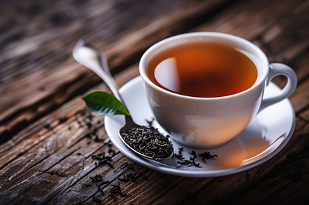 White cup of aromatic tea on wooden table, a Food & Drink Photo by AlyaAnd