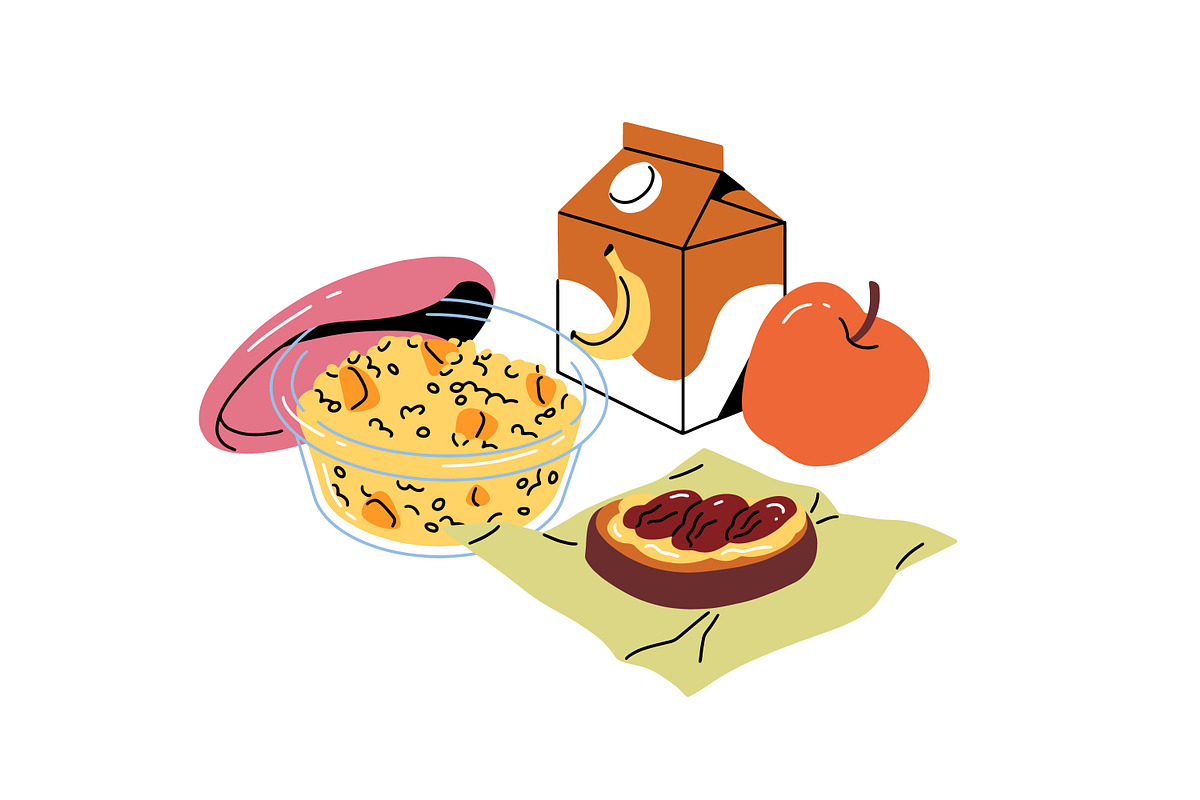 Lunchbox with food, drinks set, a Food Illustration by PaperTrident (Photo 9 of 15)