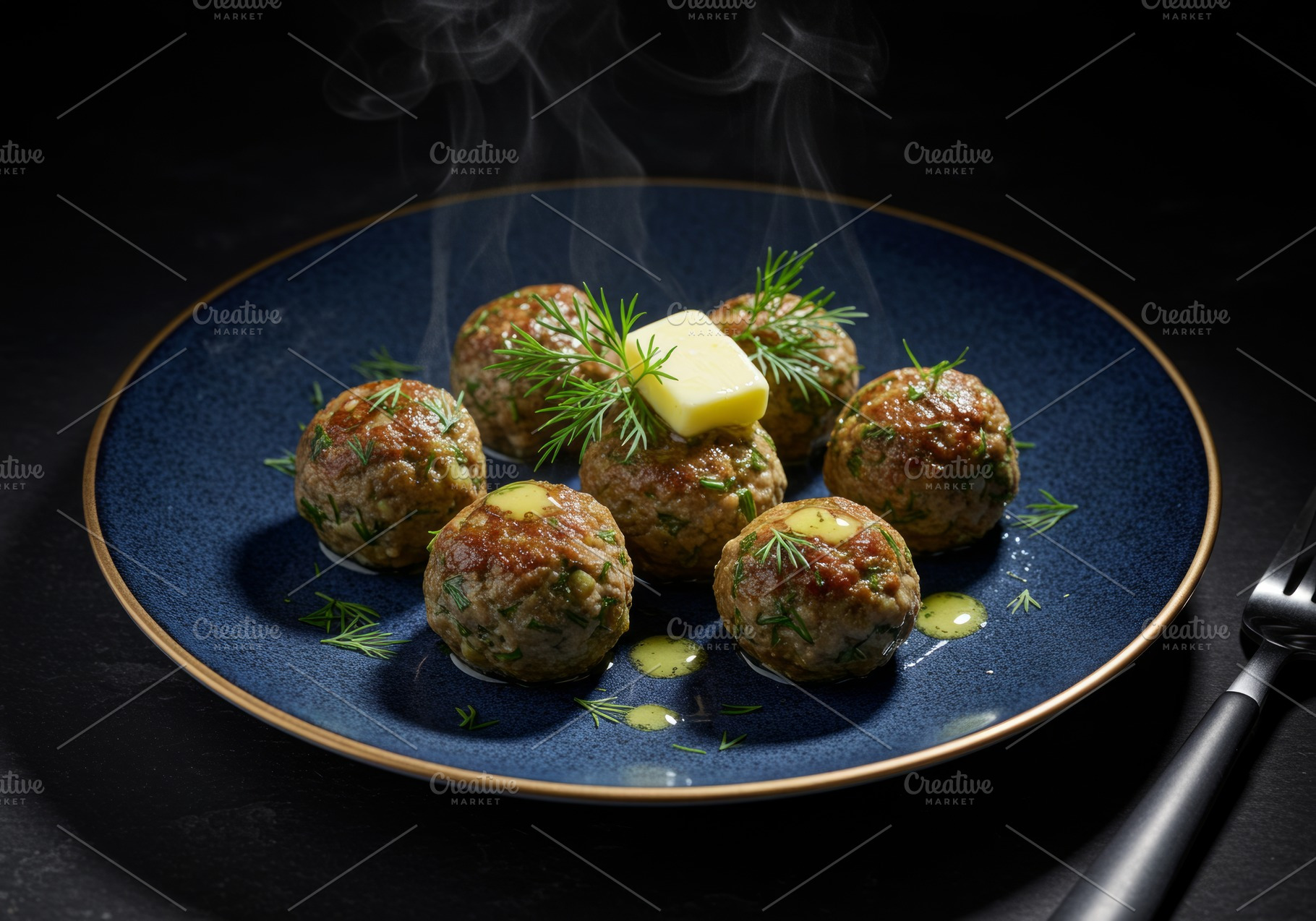 Steaming herb-seasoned meatballs wit, a Food & Drink Photo by professorinc