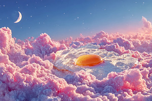 Fried egg resting on dreamy pink clouds under twilight sky with, an Abstract Photo by José Manuel Gelpi