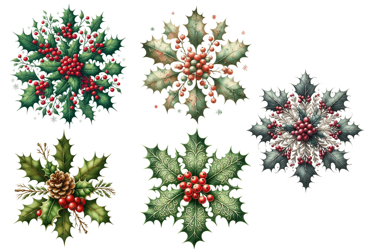Vintage Holly Snowflakes Clipart, an Illustration by Designworld (Photo 3 of 4)