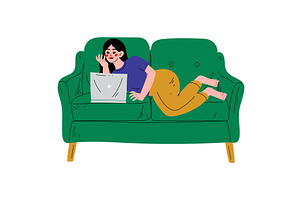 Beautiful Brunette Girl Lying On, a Technology Illustration by TopVectors