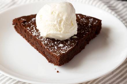 Homemade Chocolate Cake with Ice Cream on a white plate, side vi, a Food & Drink Photo by LiudmylaChuhunova