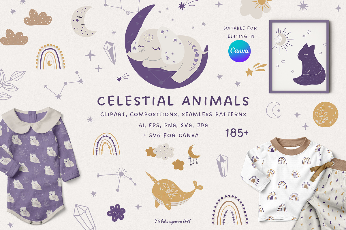 Celestial Animals clipart & pattern, an Animal Illustration by polikarpovaart (Photo 1 of 10)