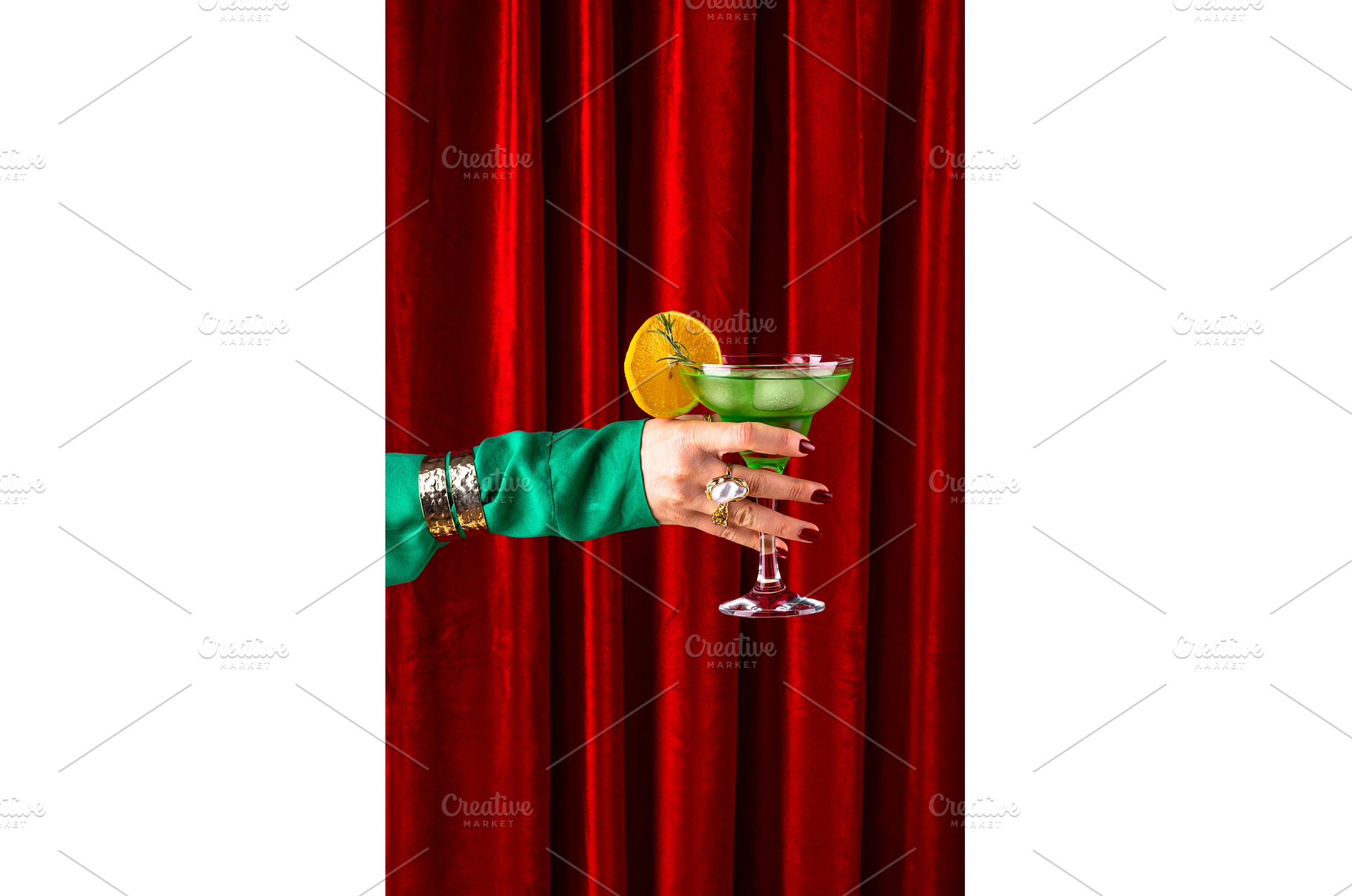 Retro green cocktail against a red, a Food & Drink Photo by Yulia Furman