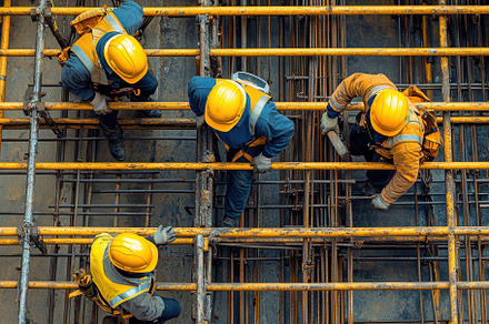 Construction workers on scaffolding, a Background Photo by Pixeness