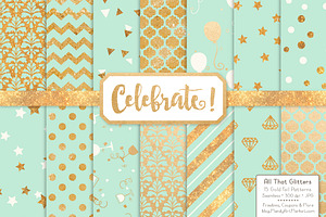 Gold Foil Digital Papers in Mint, a Pattern Graphic by Amanda Ilkov