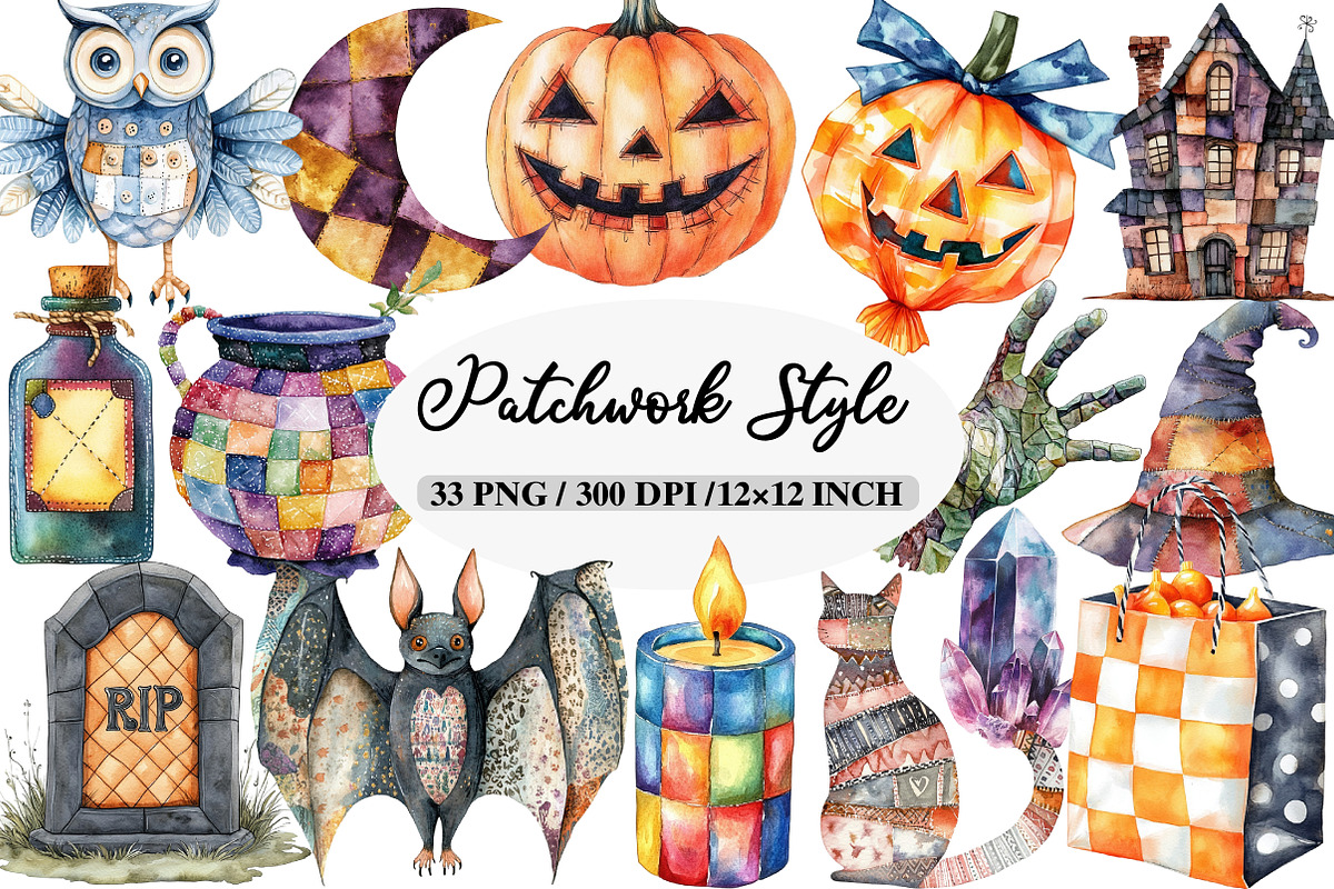 Watercolor Patchwork Style Halloween, an Illustration by Daily.Designs (Photo 1 of 5)