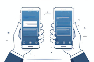 Hands holding smartphones displaying messaging apps in minimalist vector drawin, a Photo by AS photostudio