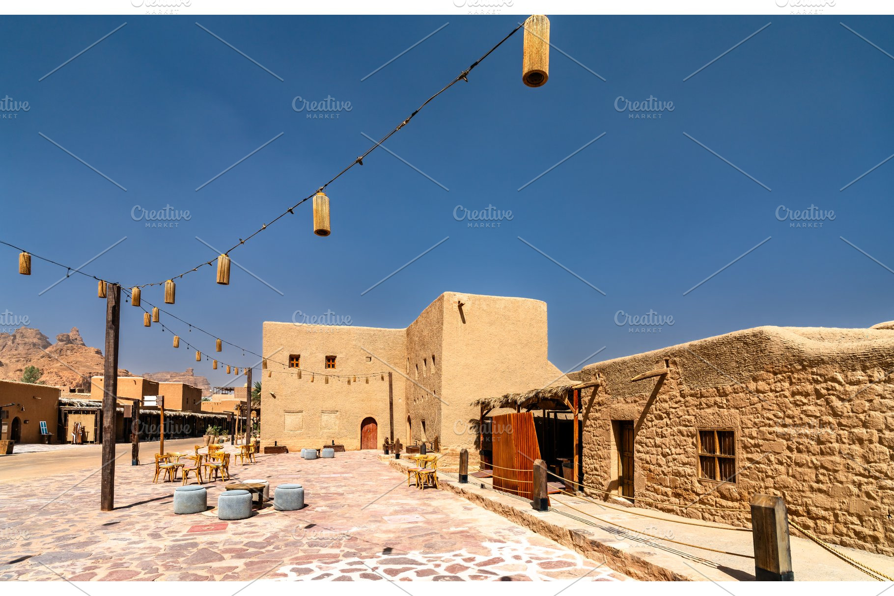 Traditional architecture and cafe in AlUla Old Town, an Architecture Photo by Leonid Andronov