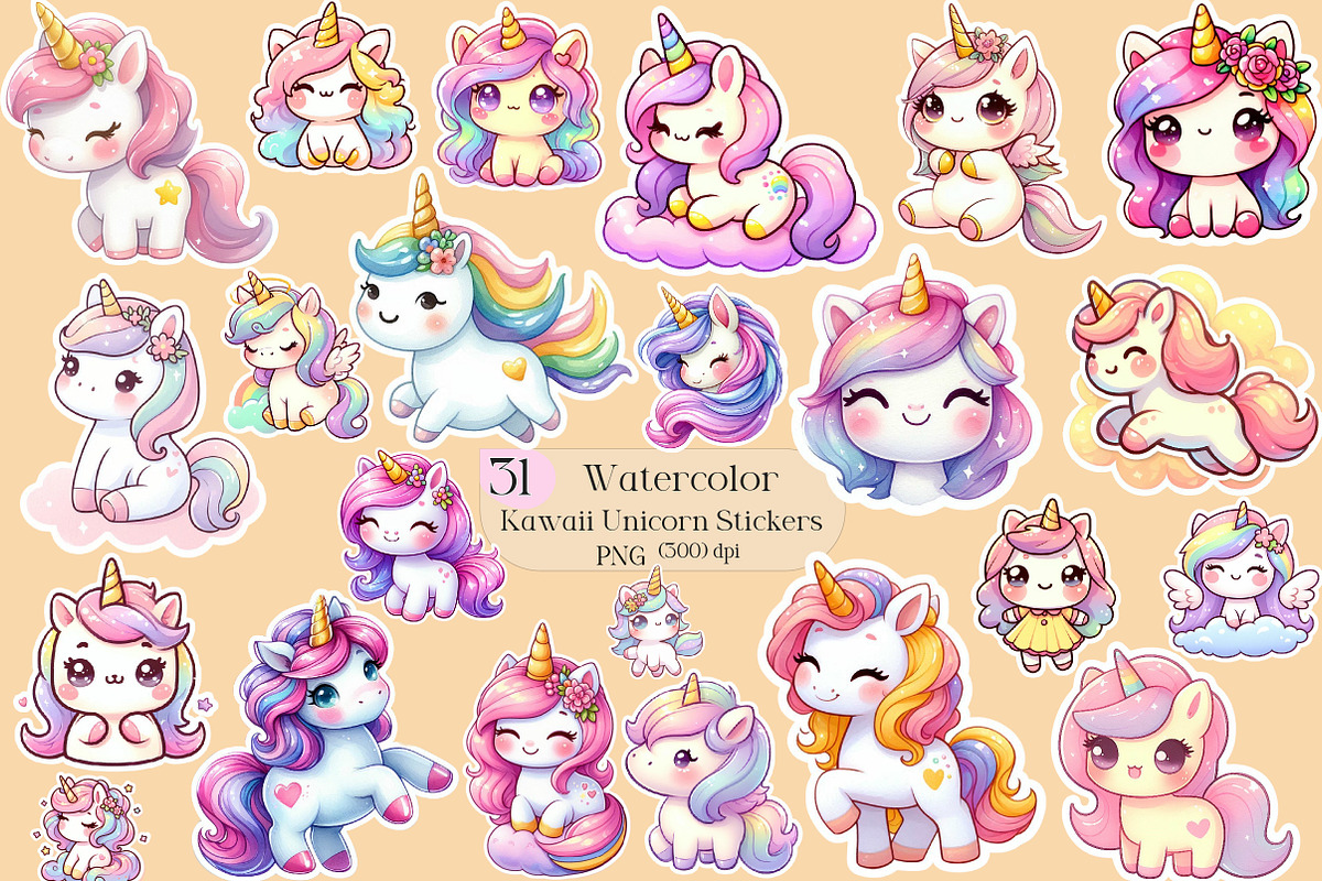 Kawaii Unicorn Stickers Clipart, an Illustration by Creative Art (Photo 1 of 9)