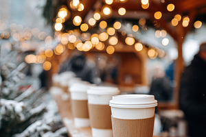 Cozy outdoor coffee scene with festive lights, a Food & Drink Photo by AlyaAnd