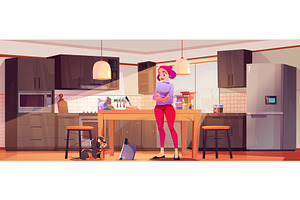 Cartoon woman in kitchen and dog, an Object Illustration by art PVP - market