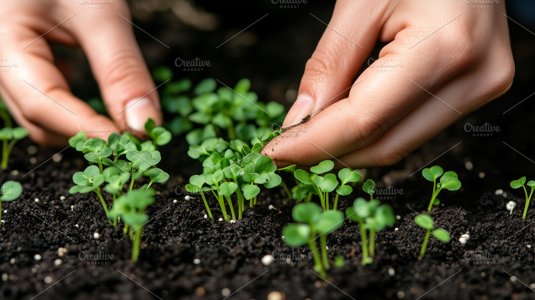 Hands delicately tending microgreens, a Nature Photo by MistyDay