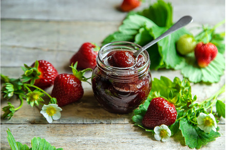 Homemade strawberry jam in a jar, a Food & Drink Photo by yanadjana