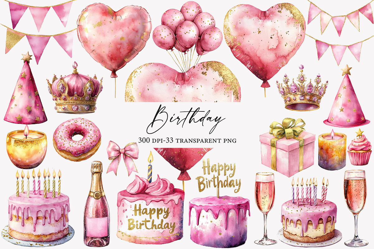 Pink and Gold Glam Birthday clipart, an Illustration by Designworld (Photo 1 of 5)