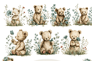 Floral Teddy Bears Clipart, a Decorative Illustration by Pati Charm Studio (Thumbnail 1 of 8)