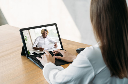 video call remote work business woman laptop home, a Business Photo by Photo Drive Studio