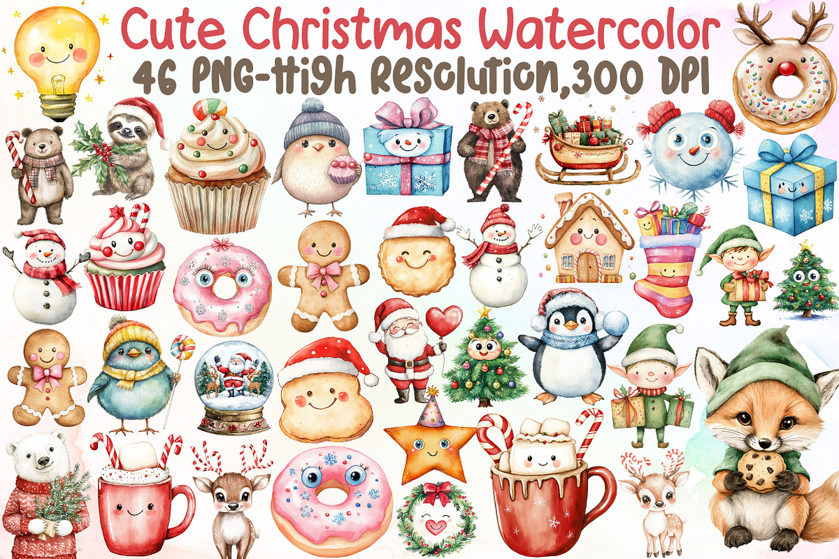 Cute Christmas Watercolor Clipart, an Illustration by Sublimation Artist (Photo 1 of 6)