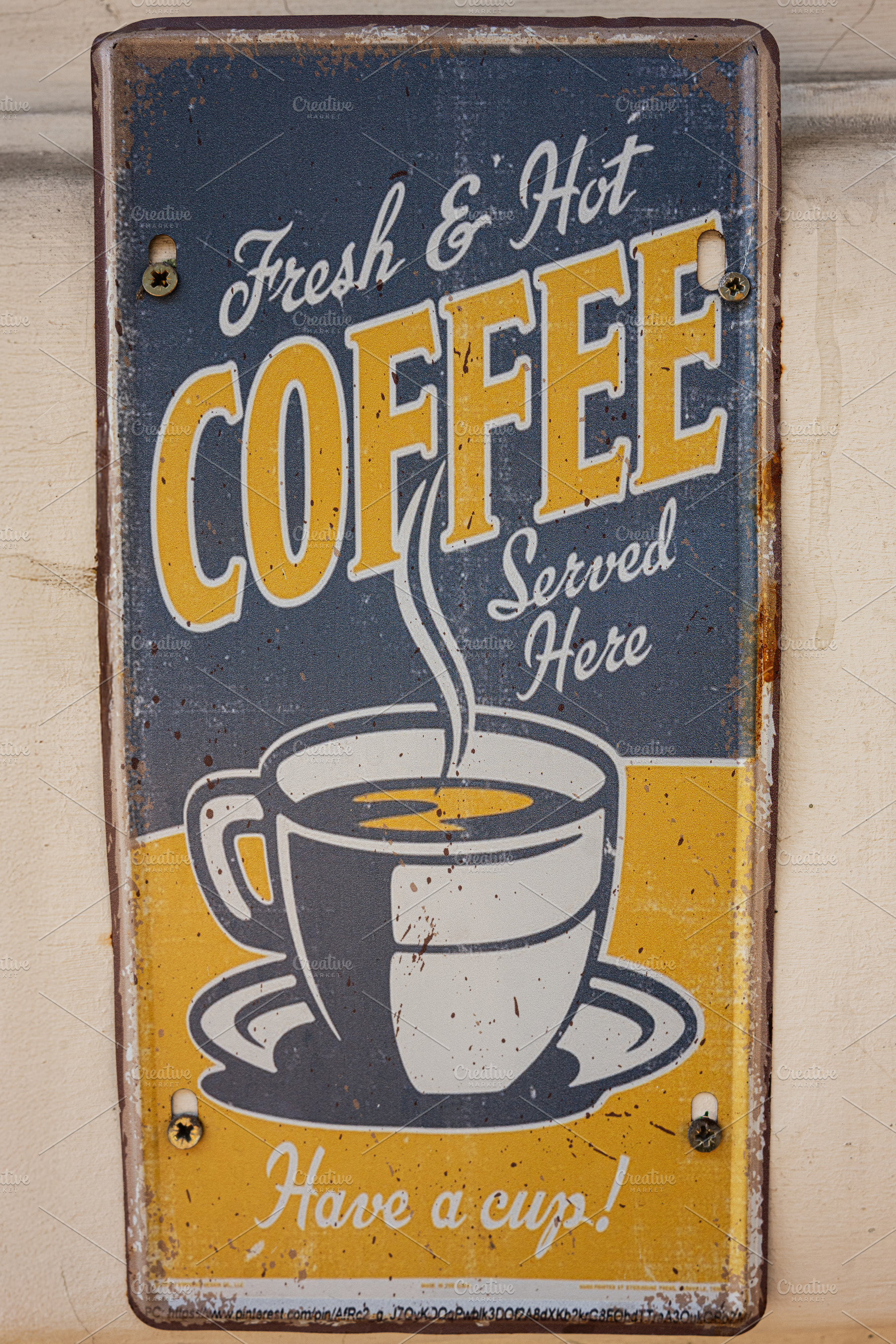 Vintage sign promoting hot fresh coffee with retro design and warm ambiance, a Photo by AS photostudio