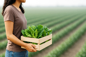 Woman farmer holding crate of fresh lettuce in field, internatio, a Photo by Dvoevnore photos
