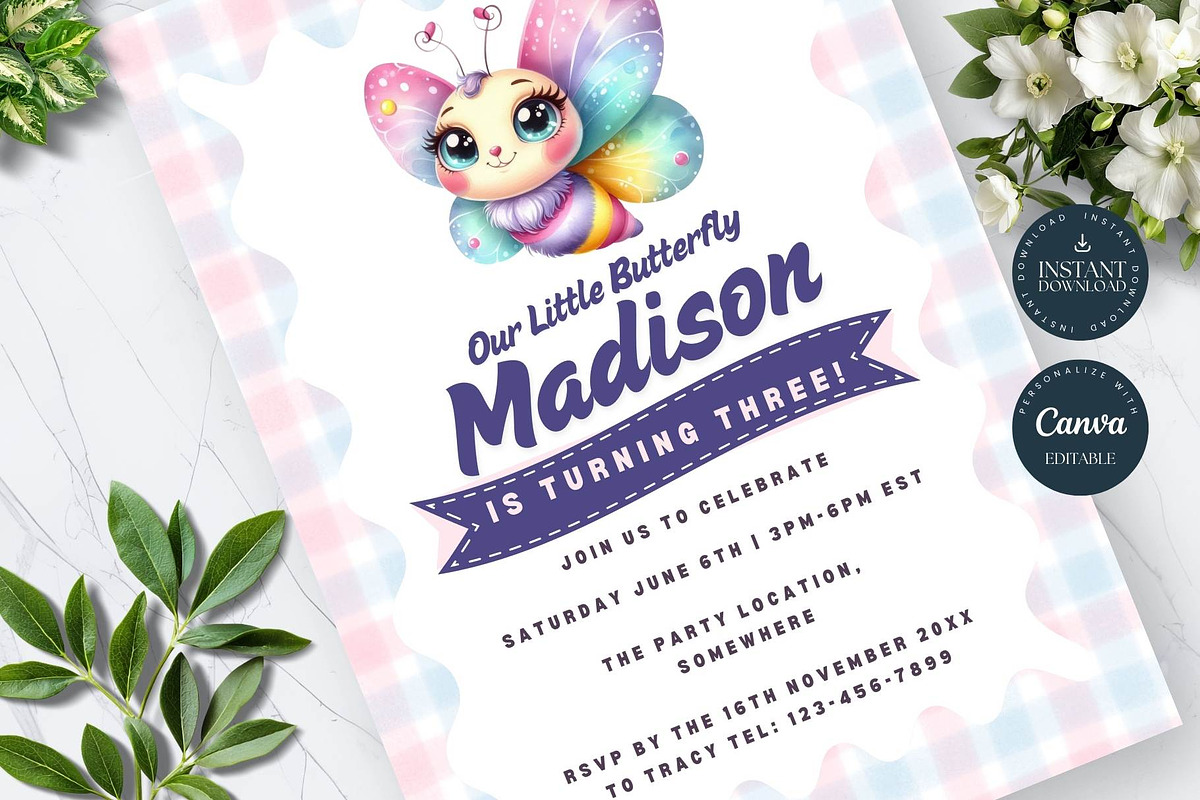 Cute Butterfly Birthday Invitation, an Invitation Template by Tracia Creative (Photo 3 of 6)