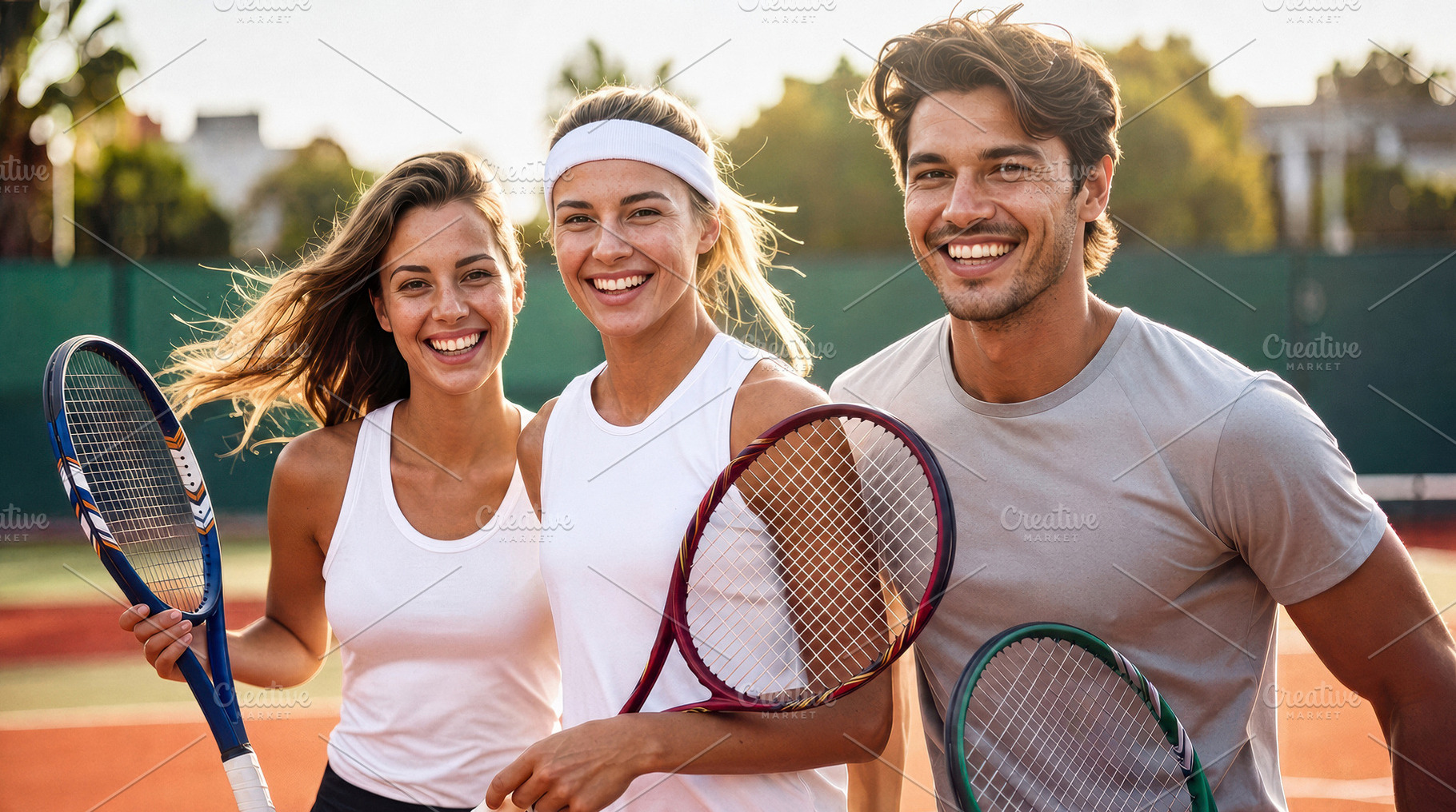 Smiling Friends Holding Tennis Rackets on Court, a Sports & Recreation Photo by Davizro's Market