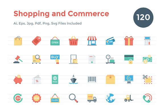 120 Flat Shopping And Commerce Icons