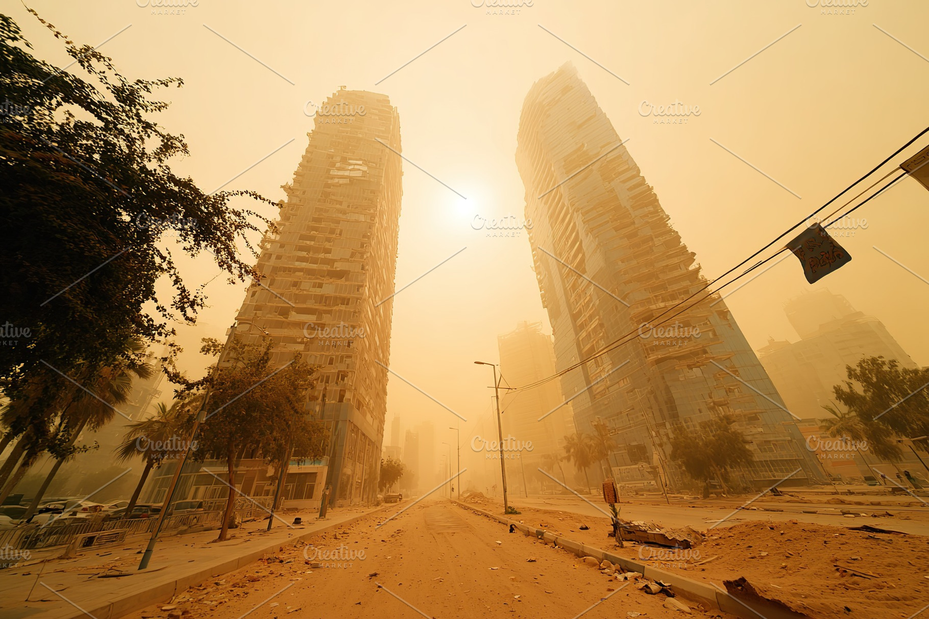 Dust storm engulfs urban landscape with tall buildings under a hazy sun in dayt, a Photo by AlyaAnd
