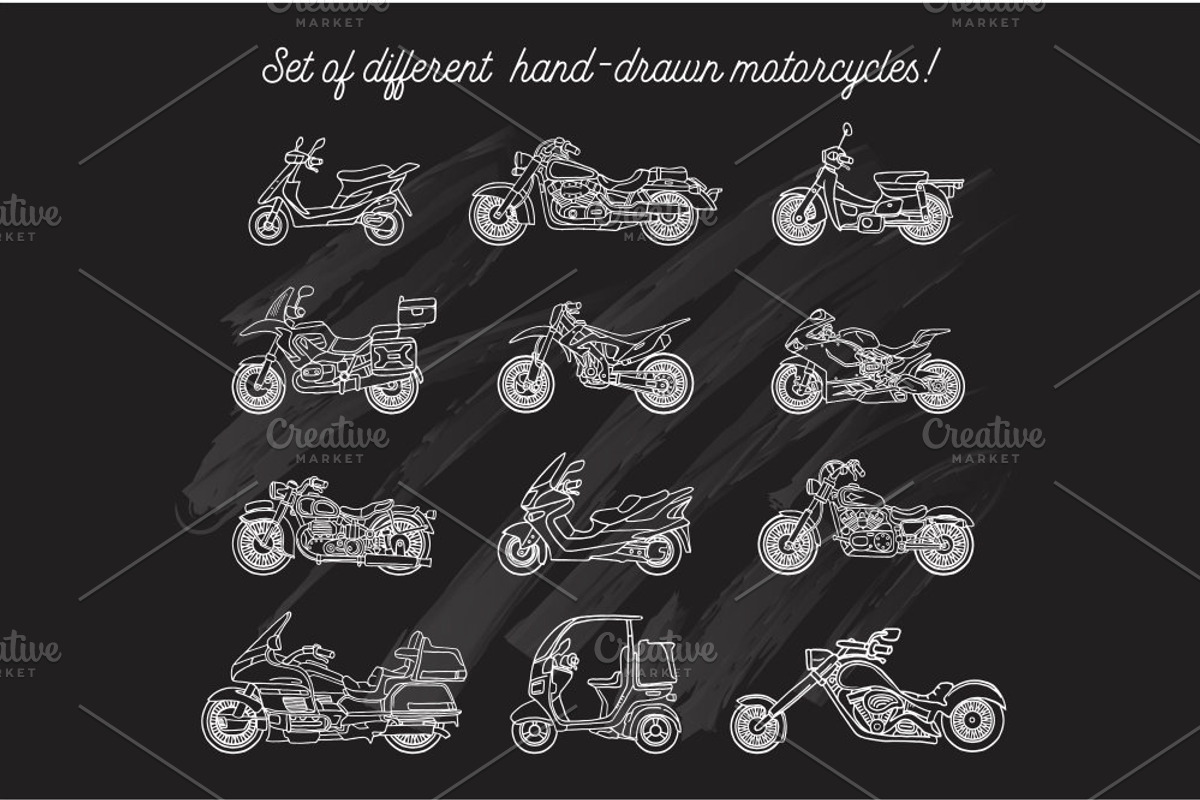 Set of hand-drawn motorcycles, an Object Illustration by WINS Doodle shop (Photo 3 of 4)