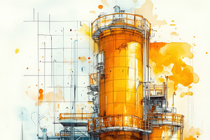 A vibrant illustration of an industrial facility featuring tall, orange storage, a Technology Illustration by Textures & Backgrounds