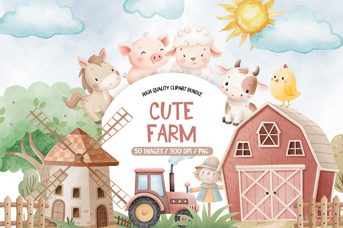 Farm Animals Watercolor Digital Clip, an Illustration by TatiMockup