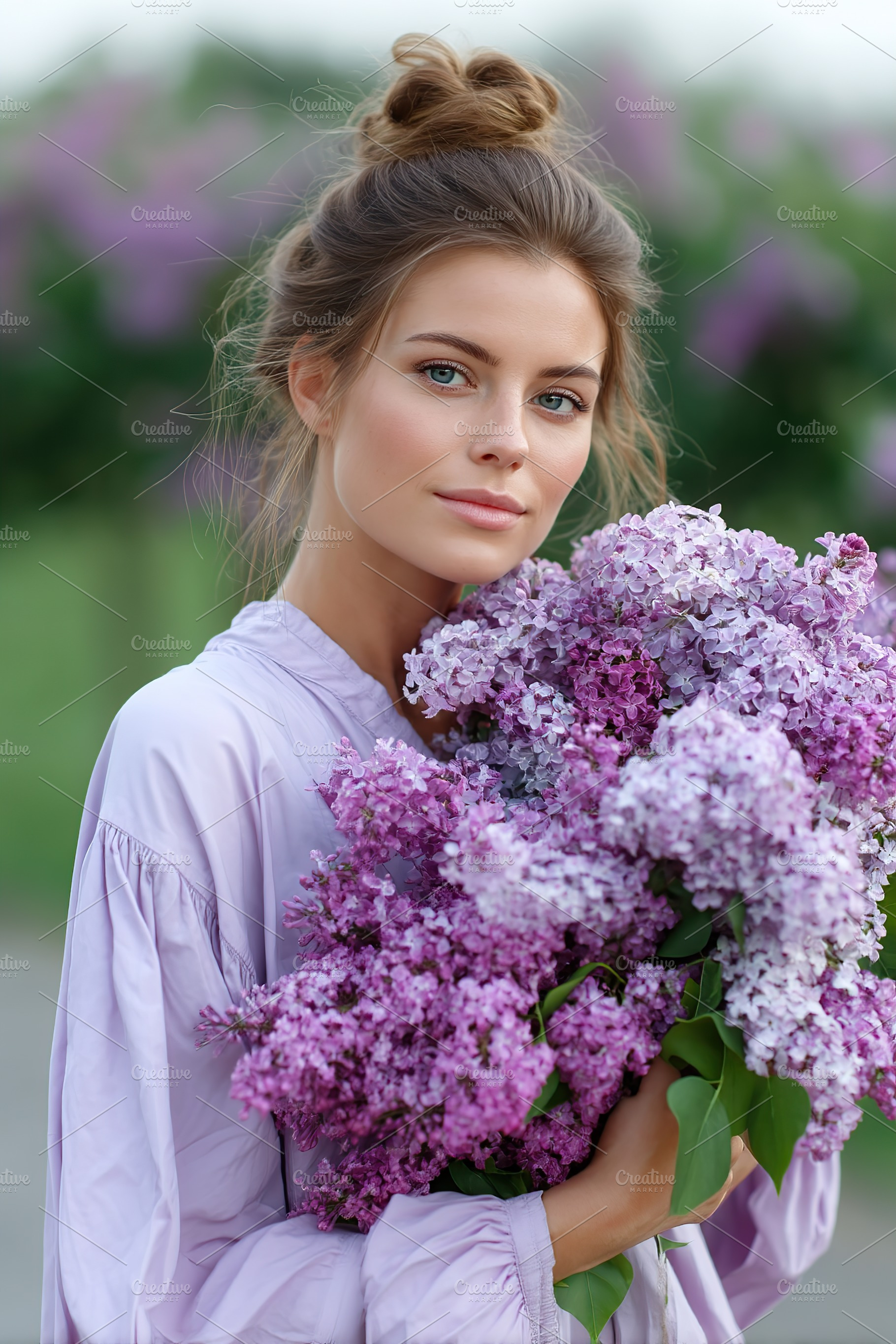 Young woman joyfully holding a vibrant bouquet of lilacs in a lush outdoor sett, a Person Photo by AlyaAnd