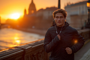 Young Caucasian male jogging along a riverside at sunset, showcasing an active, a Person Photo by ImageMir