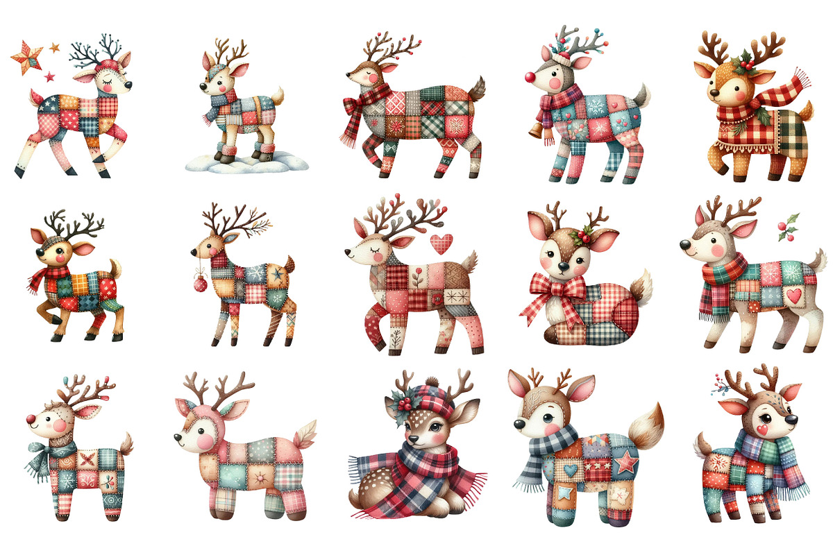 Whimsical Patchwork Reindeer Clipart, an Illustration by Designking (Photo 2 of 5)