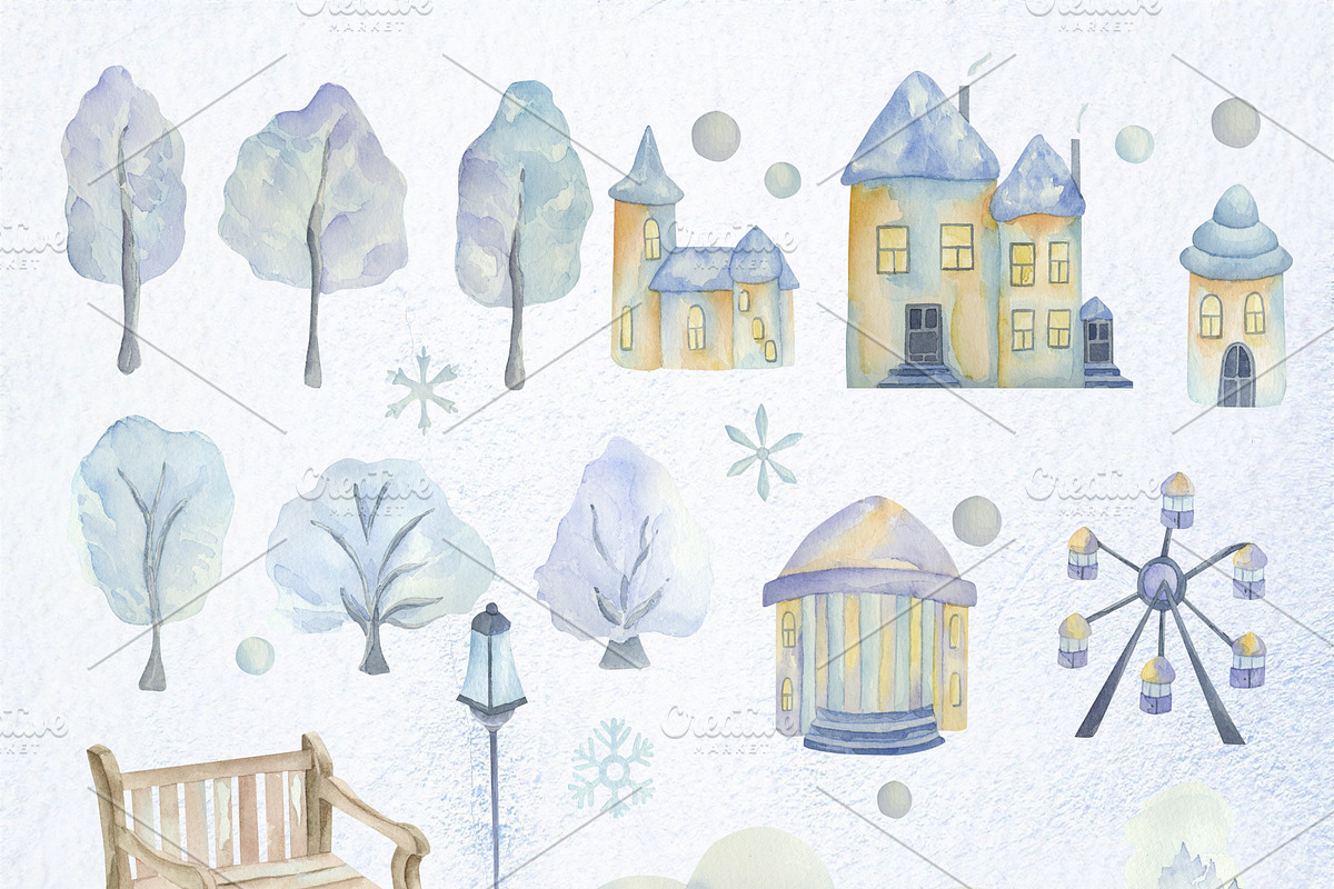 Watercolor Winter city of snowmen, a Decorative Illustration by Watercolor arts (Photo 2 of 6)