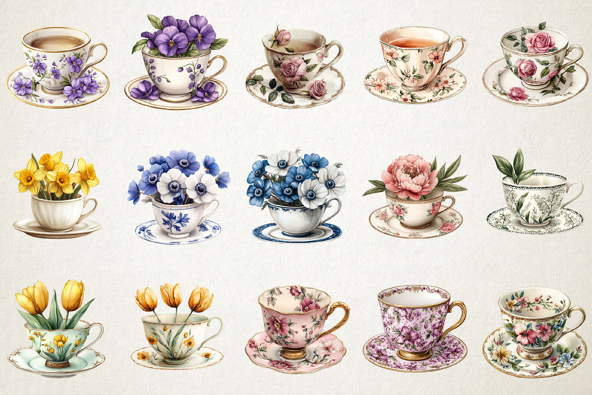 Vintage Spring Teacup Clipart Bundle, an Illustration by RobertsArt (Photo 4 of 5)