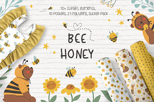 Cute bees, bears, flowers bundle