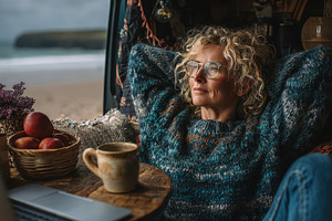 Woman relaxing in van by ocean beach, a Photo by Pixeness Studio
