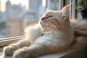 An elegant cream-colored cat relaxes by the window, basking in the warm sunligh, an Animal Photo by ImageMir
