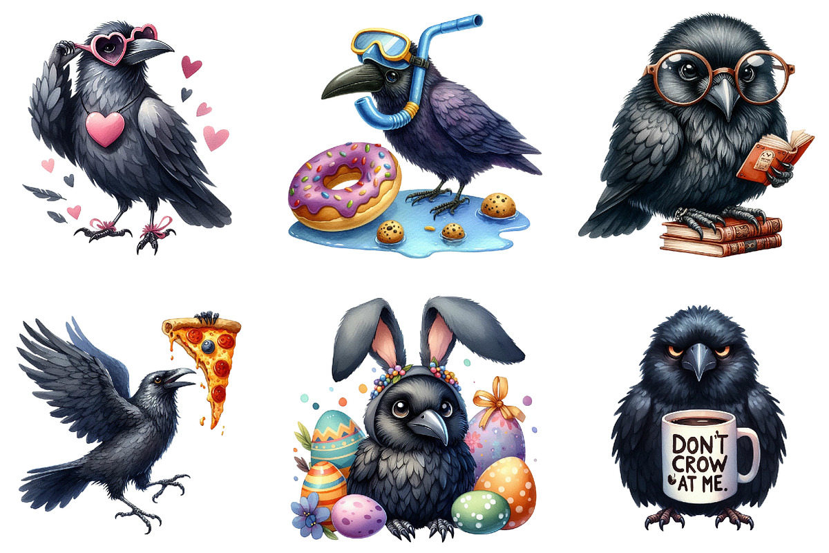 Funny Ravens Watercolor Clipart, an Illustration by DreamArtGraphic (Photo 3 of 5)