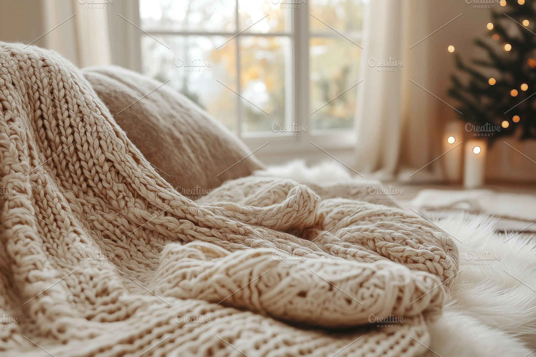 Cozy and inviting interior with a soft, knitted blanket draped over a plush sur, a Background Photo by ImageMir
